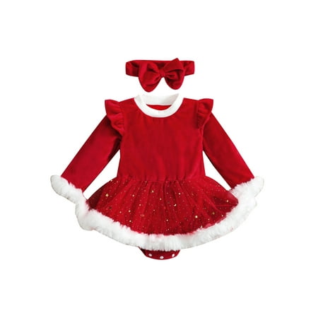 

Hirigin 2Pcs Baby Girls Christmas Outfit Long Sleeve Romper Dress + Hairband