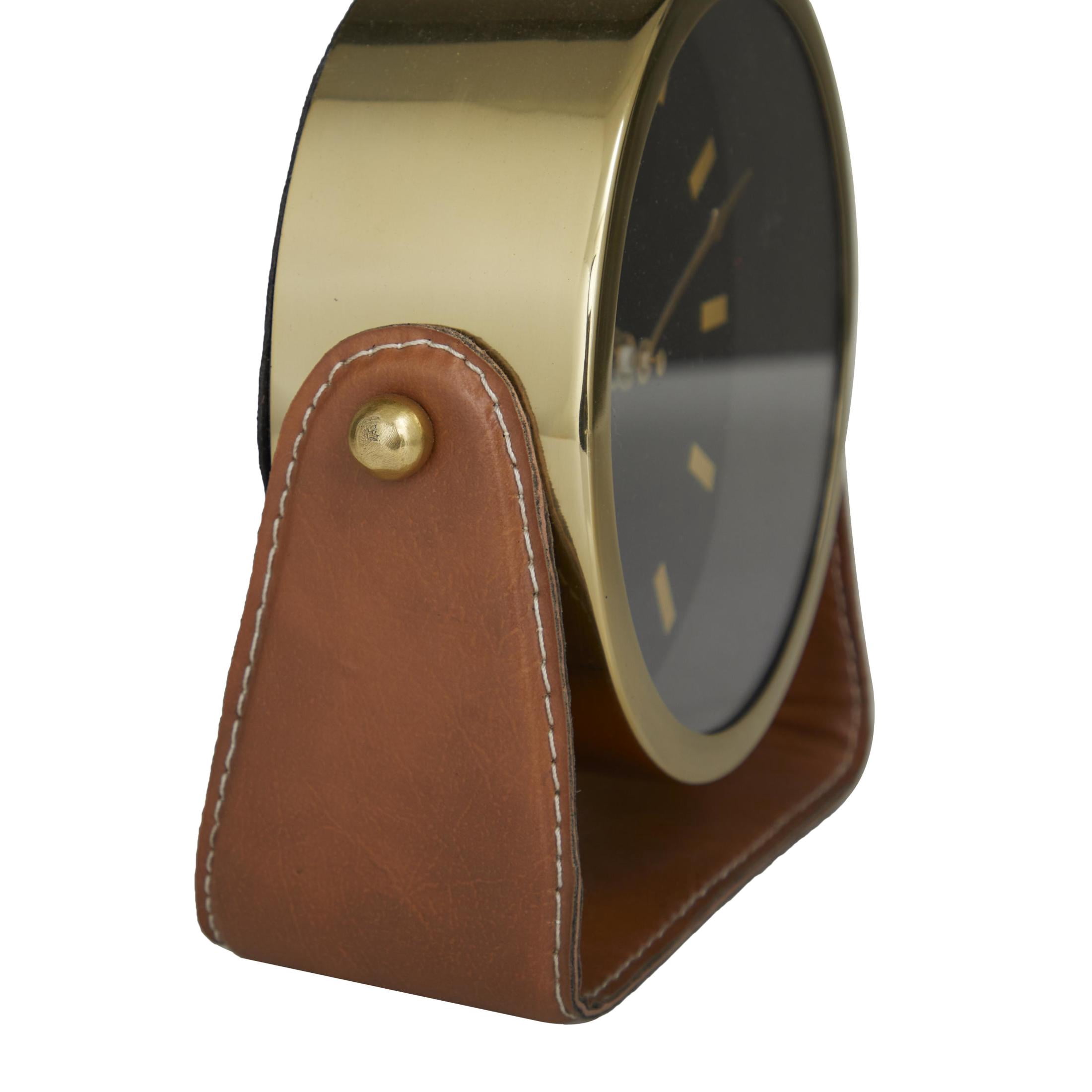 DecMode Stainless Steel Modern Round Decorative Desk Clock 7"W x 7"H, with Metallic Gold and Leathery Brown Stand