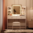 thumbnail image 3 of GloryStar Vanity Desk with Lighted Mirror, Makeup Vanity Set with Power Outlet, Cushioned Stool, Vanity Table with 6 Shelves, 2 Large Drawers, and 3 Color Light Adjustable Brightness, 3 of 7