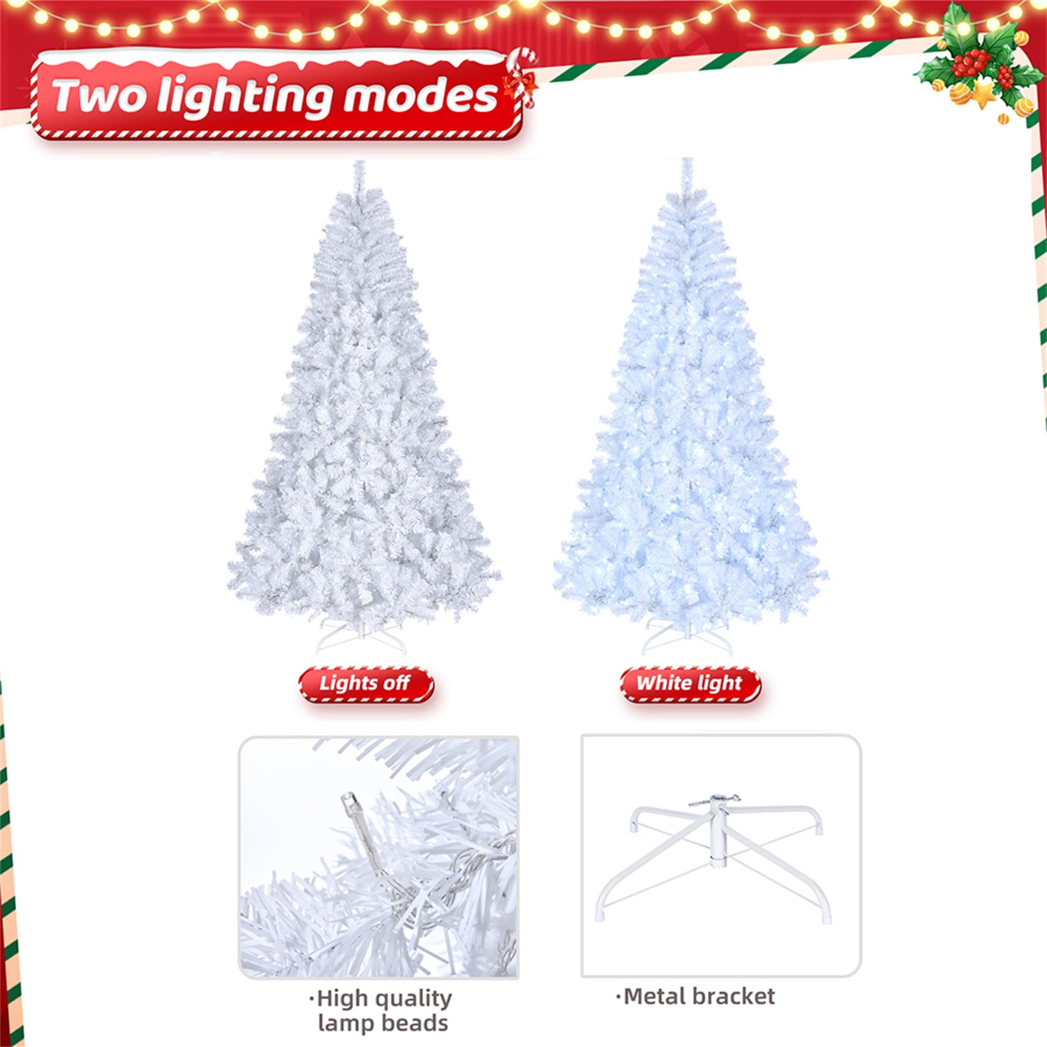 Kepooman 7ft 1346 Branches PVC Artificial Christmas Tree with 500 Lights Cool Color 8 Modes, White Kepooman 7ft 1346 Branches PVC Artificial Christmas Tree with 500 Lights Cool Color 8 Modes, White