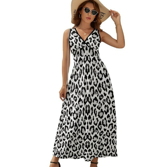 Snow Leopard Print Womens Night Club Maxi Dress V Neck Sleeveless Bohemia Long Dresses