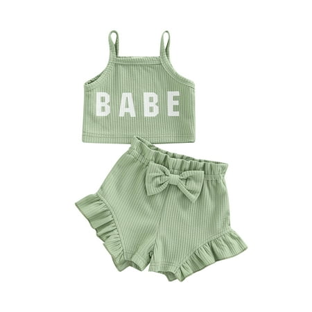 

jaweiw Infant Baby Girls 2 Pieces Summer Outfits Set Ribbed Letter Print Sleeveless Sling Tank Tops + Bow Elastic Waist Solid Color Shorts Size 0 6 12 18 24 M