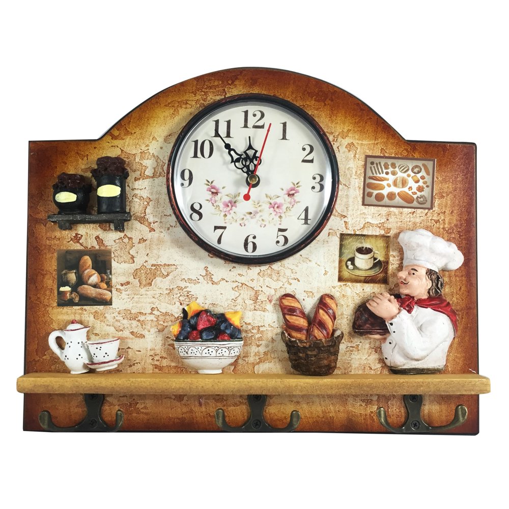 Heartful Home Italian Chef Wall Decor Clock with Key Holder Hooks