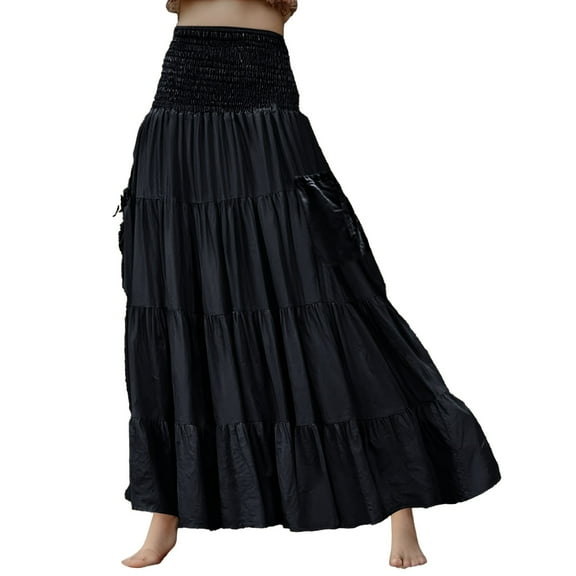 Women Casual Skirt Polyester Spandex Simia Full with Pocket Long Boho Style Skirt