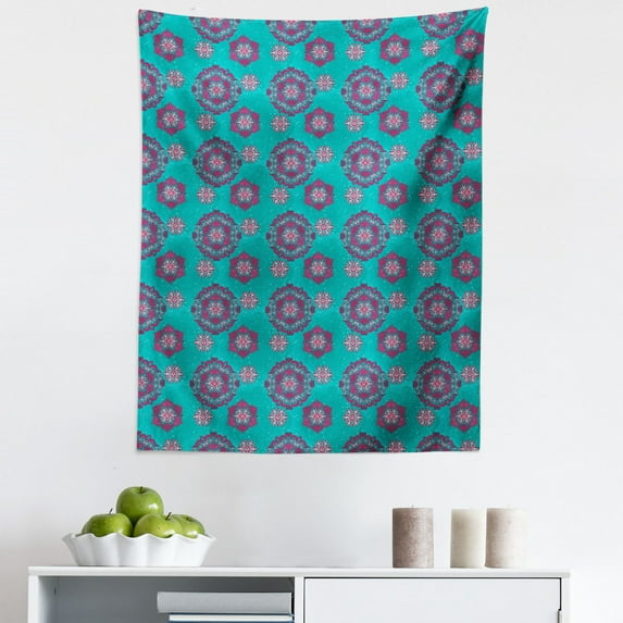 Victorian Tapestry, Floral Ornaments with Medieval Origins Boho Mandala Pattern, Fabric Wall Hanging Decor for Bedroom Living Room Dorm, 5 Sizes, Pale Pink Turquoise, by Ambesonne