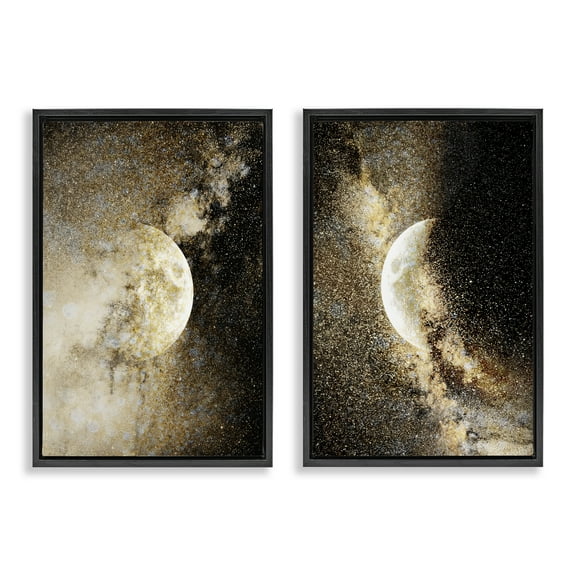 Stupell Industries Moons with Starry Nebulas Outer Space Painting Black Floater Framed Canvas Art Print Wall Art, 17 x 25, Set of 2