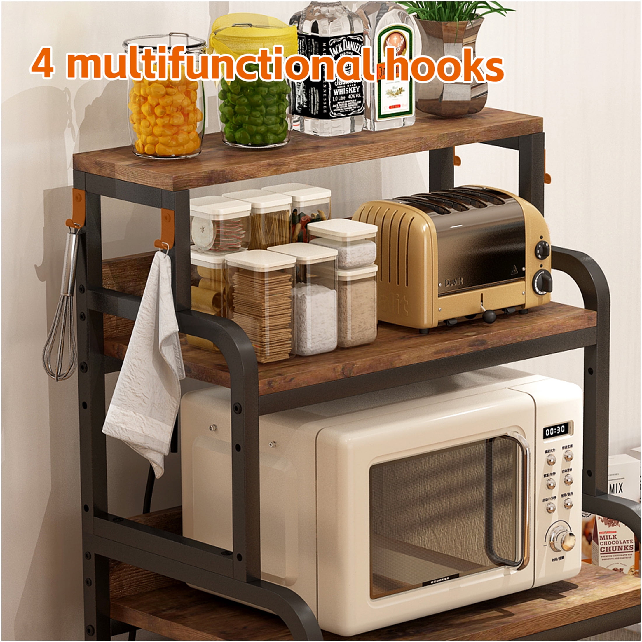 JERFIT 4-Tier Kitchen Storage Cart with Mini Fridge Stand, Microwave Rack & Adjustable Shelves, 200lb Capacity, Walnut Brown