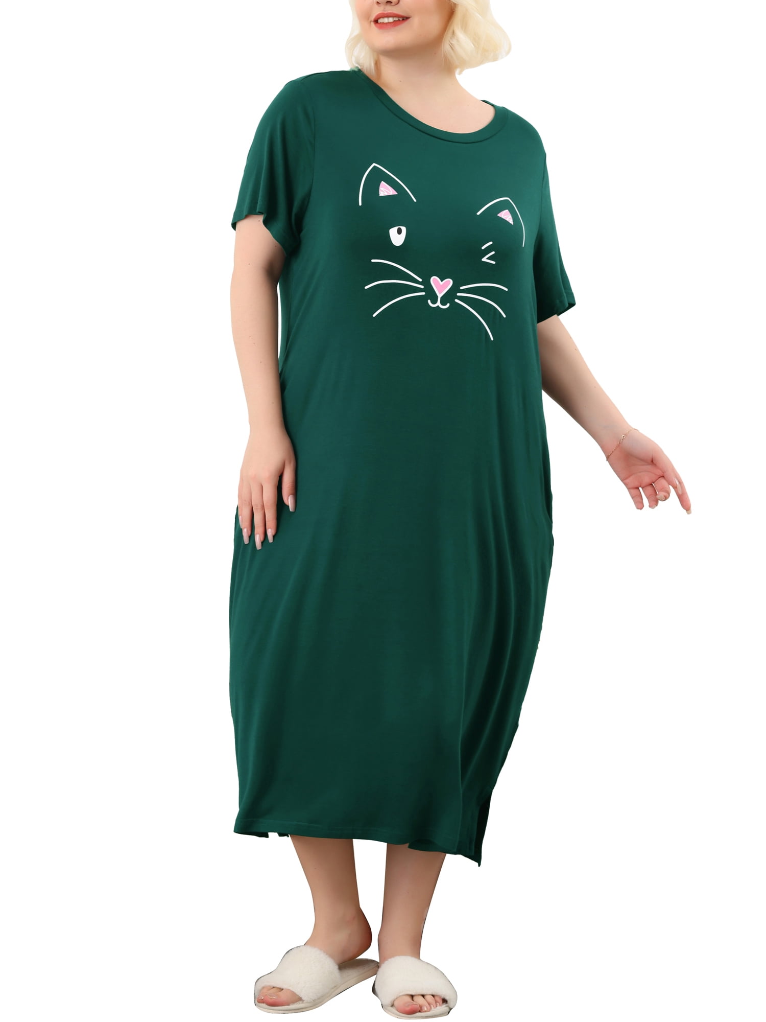 Unique Bargains Women's Plus Nightgown Short Sleeve Cat Print Nightshirt