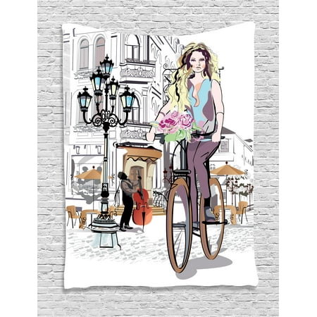 Fashion House Decor Tapestry, Girl with Bike and Roses in a Street Old Town Musician Romantic Tour in City, Wall Hanging for Bedroom Living Room Dorm Decor, 40W X 60L Inches, Pink, by