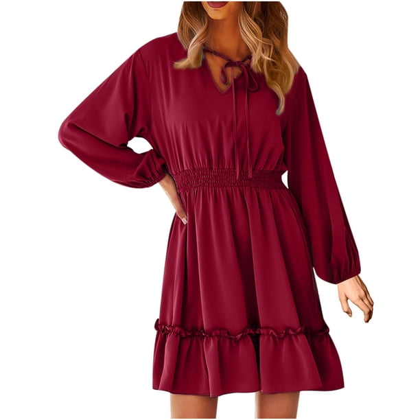 Vestido de mujer de color sólido sexy con mangas abullonadas y escote en V para primavera y otoño Fridja NMB4465