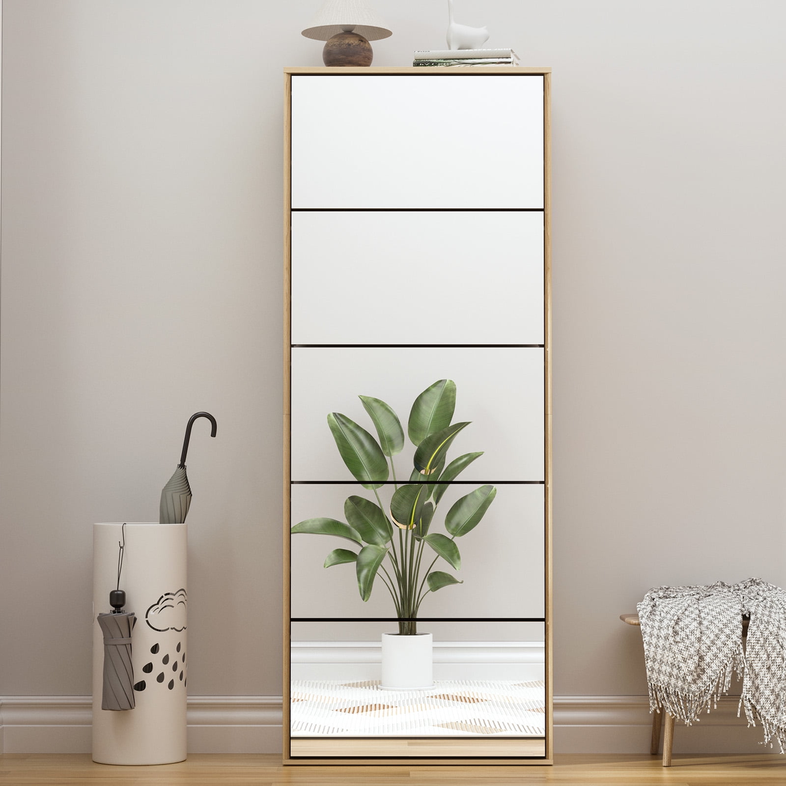 Brafabhome Mirror Shoe Cabinet with 5 Flip Doors, 30-Pairs Shoe Organizer Cabinet for Hallway, Modern Entryway Shoe Storage for Slippers Sneakers | Nature