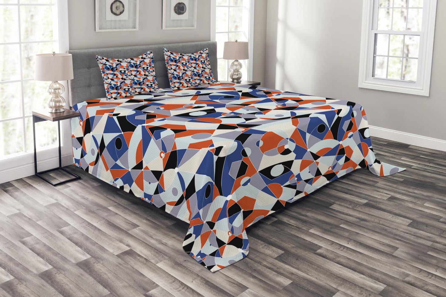 Mid Century Bedspread Set King Size, Mosaic of Various Shapes and ...
