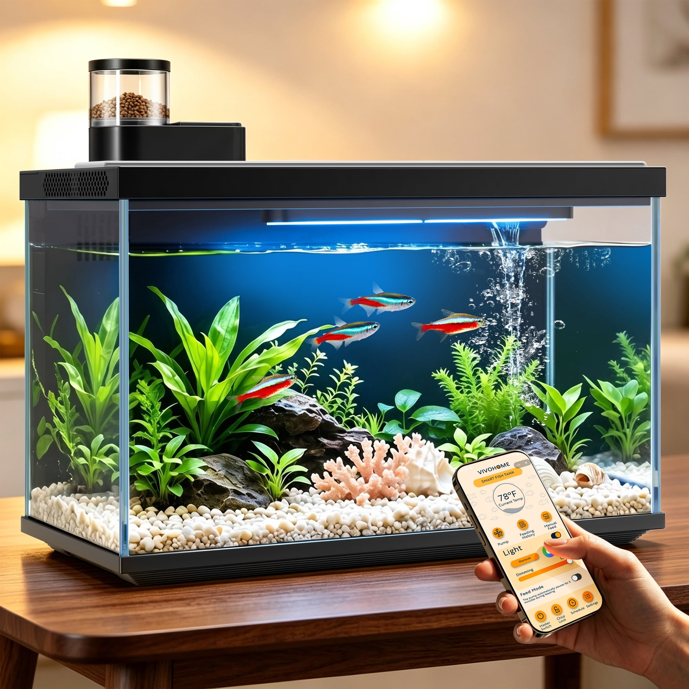 SPECSTAR 5 Gallon Fish Tank, Aquarium Starter Kit with Auto Feeder, RGB LED Light, Filter,  Temperature Display,for Betta, Shrimp,APP Control