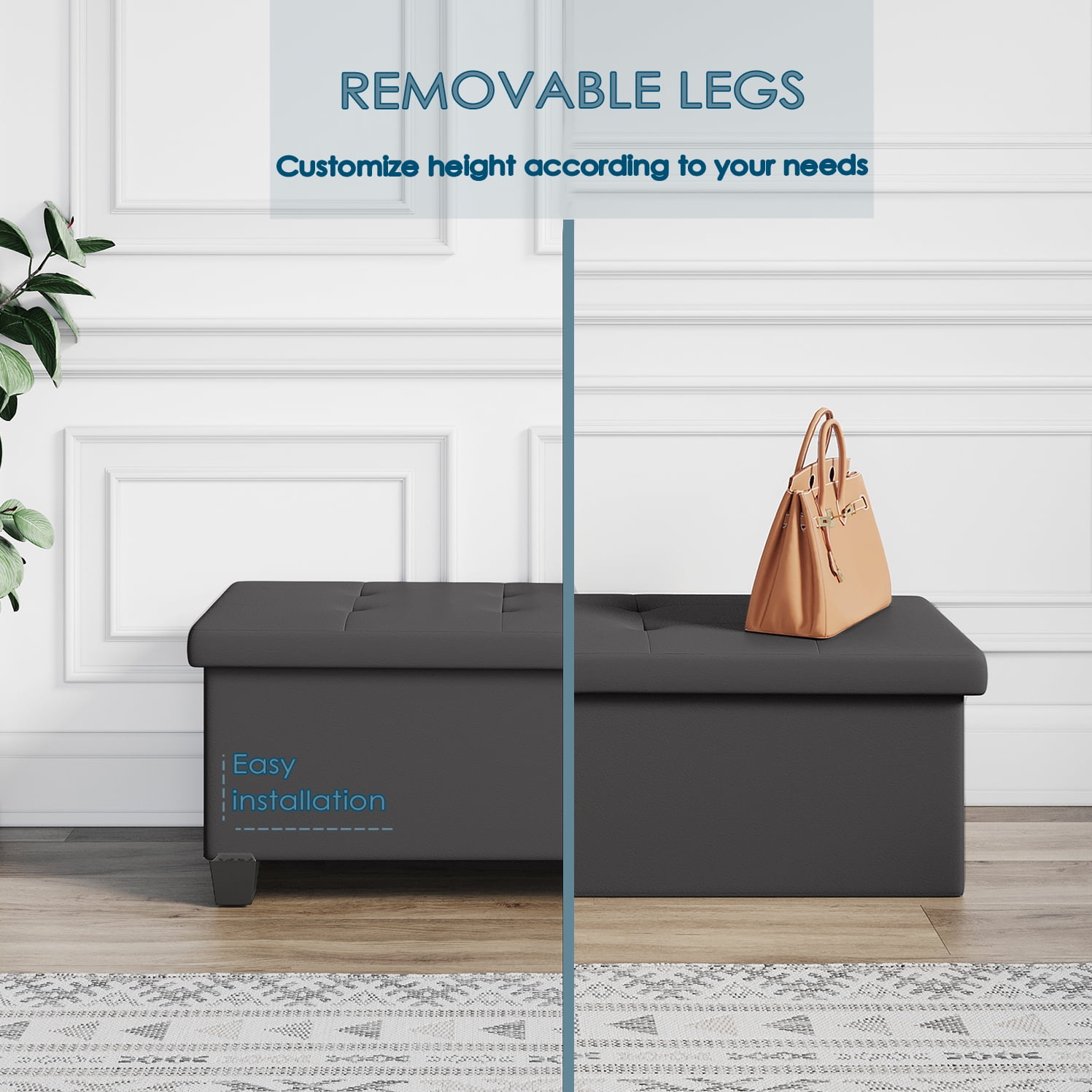 StorageBud Ottoman with Storage Bench, 43-inch Storage Ottoman, Leather, Gray