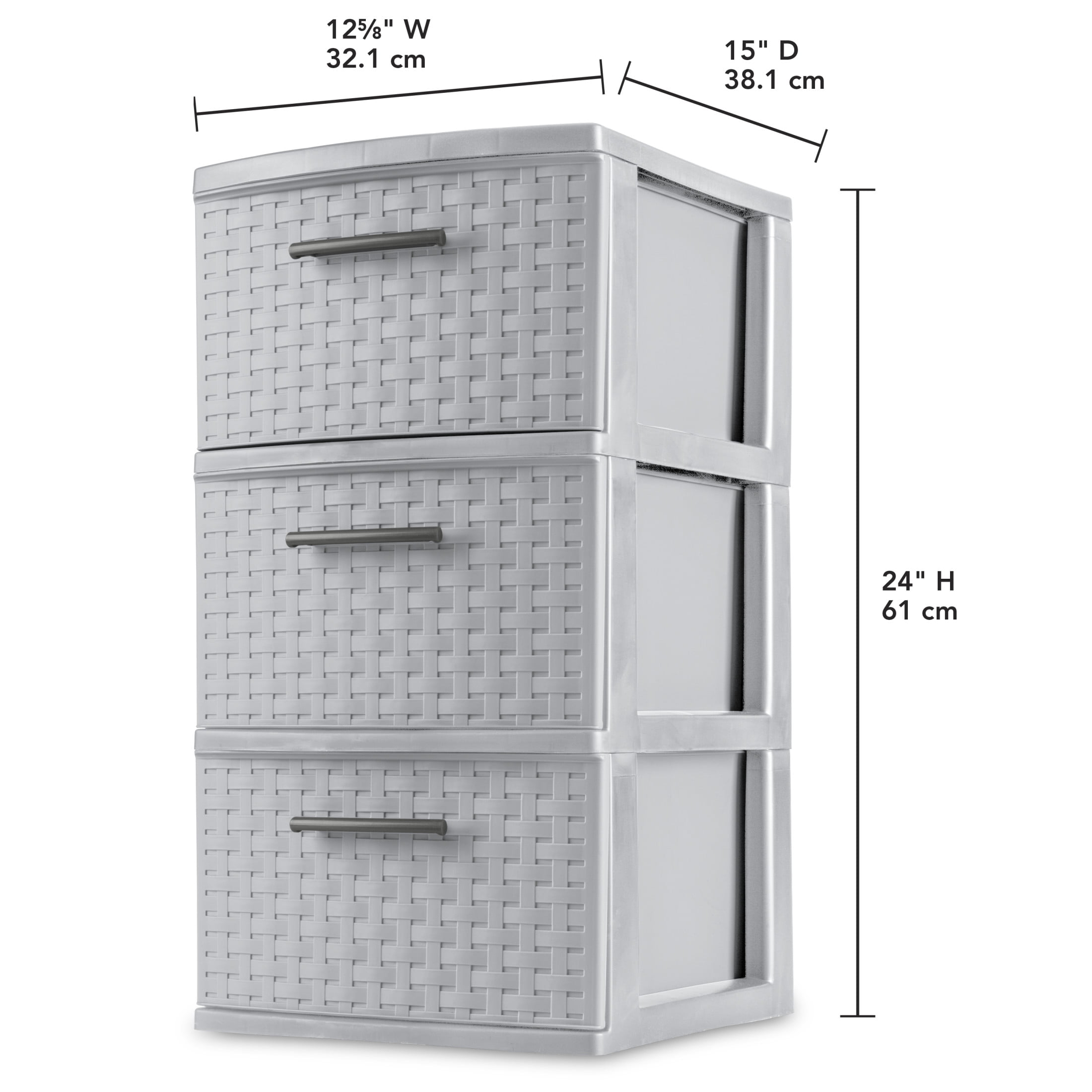 Sterilite 3 Drawer Weave Tower, Plastic Décor Drawers with Pull Handles, Gray