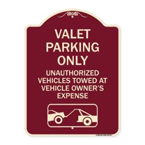 SignMission Designer Series Sign - Valet Parking Only Unauthorized Vehicles Towed at Owner Expense with Graphic | Burgundy 18" x 24" Heavy-Gauge Aluminum Architectural Sign | Made in