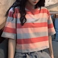 thumbnail image 2 of MaFYtyTPR Women's T-Shirts Casual Stripe Short Sleeve Summer Fashionable Loose Pullover Tops for Women Pink L, 2 of 5
