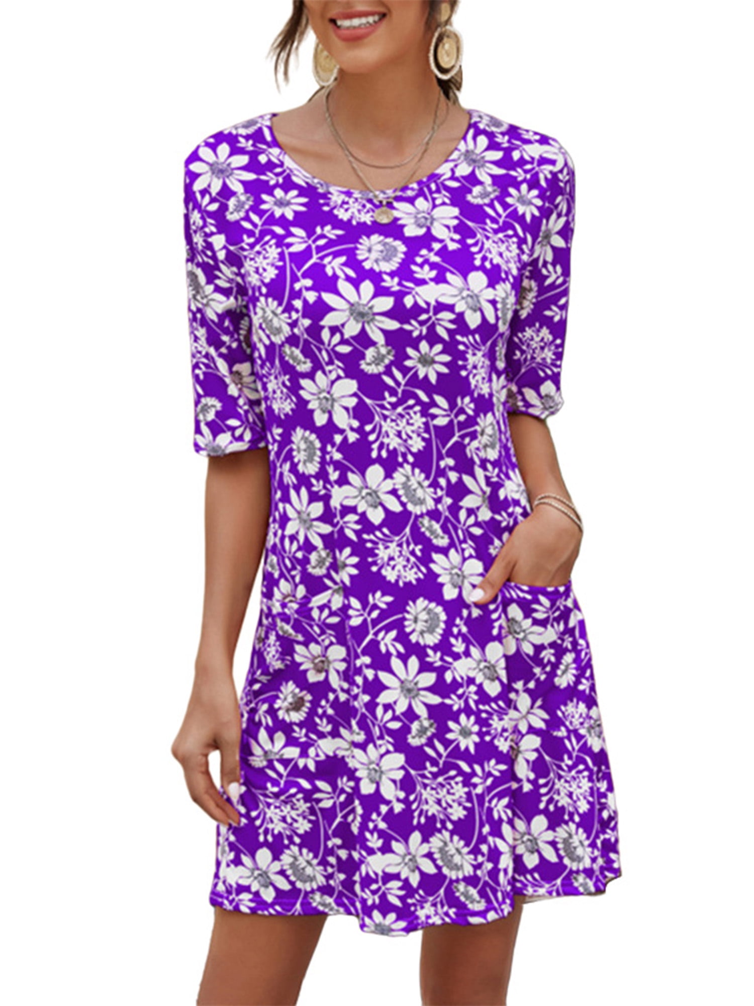 UKAP Half Sleeve Mini Dress For Women Bohemian Printed Crew Neck Casual