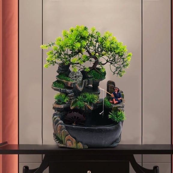 Wildnix Tabletop Fountain with Rockery, LED Light and Fengshui Wheel, Relaxing Waterfall with Peaceful Natural Atmosphere for Home Decoration