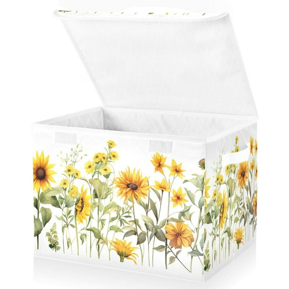 Sunflowers with Leaves Abstract Large Lidded Storage Bin Foldable Storage Boxes Cubes Baskets Lids with 2 Handles for Home Bedroom Office 16.5x12.6x11.8inch