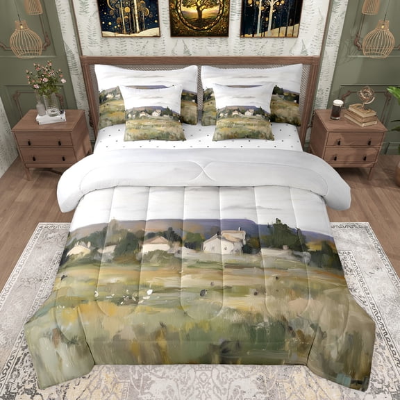 jejeloiu Oil Painting Aesthetic 7-Piece Twin Bedding Sets,Rustic Western Cabin Bedding Comforter Set,Green Whte Sheet Sets For Men Women,Super Cozy Room Decor Reversible