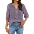 thumbnail image 4 of Babysbule Women's Cotton Embroidered Notch V-Neck Elbow Length Sleeve Casual Boho Top for Daily and Weekend Wear, 4 of 5