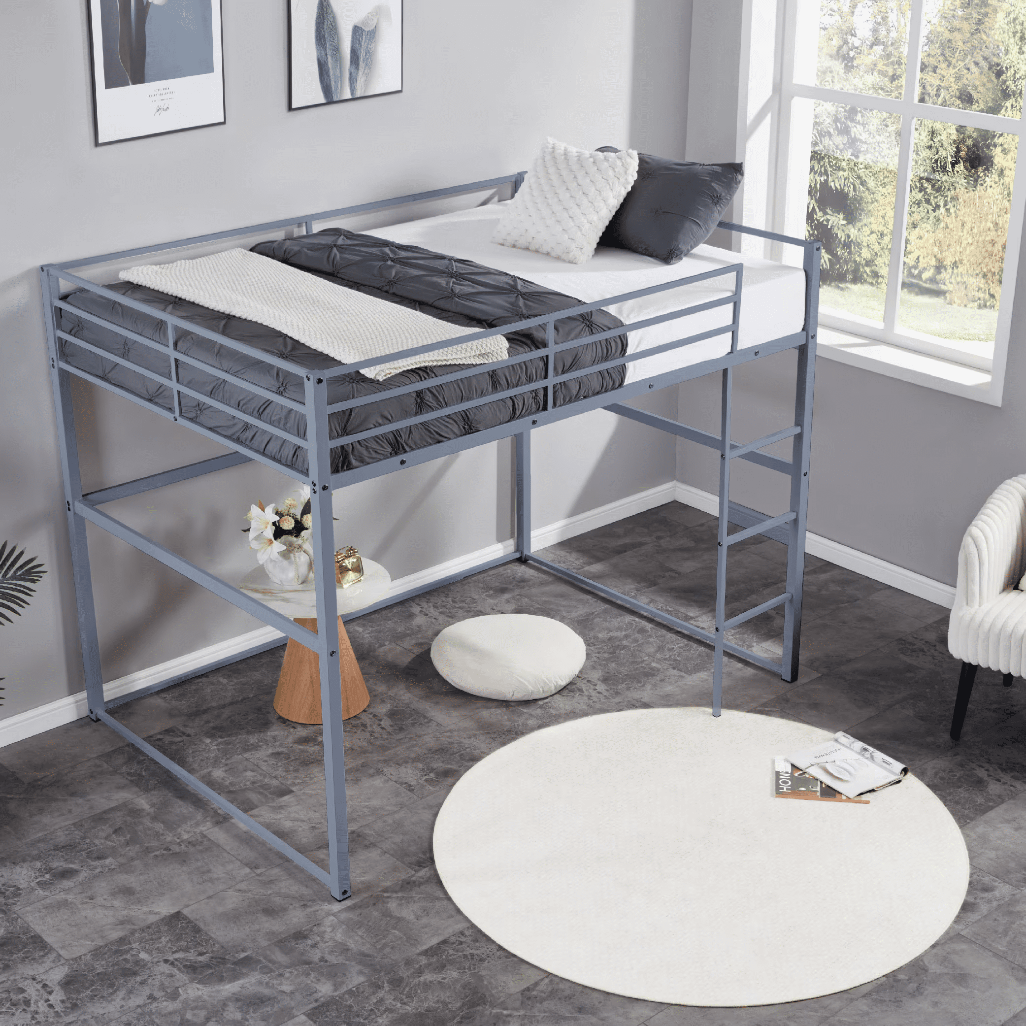 MAYEERTY Twin Size Metal Loft Bed with Safety Guard Rails & Flat Ladder, Bed Frame for Kids Teens Adults, Gray