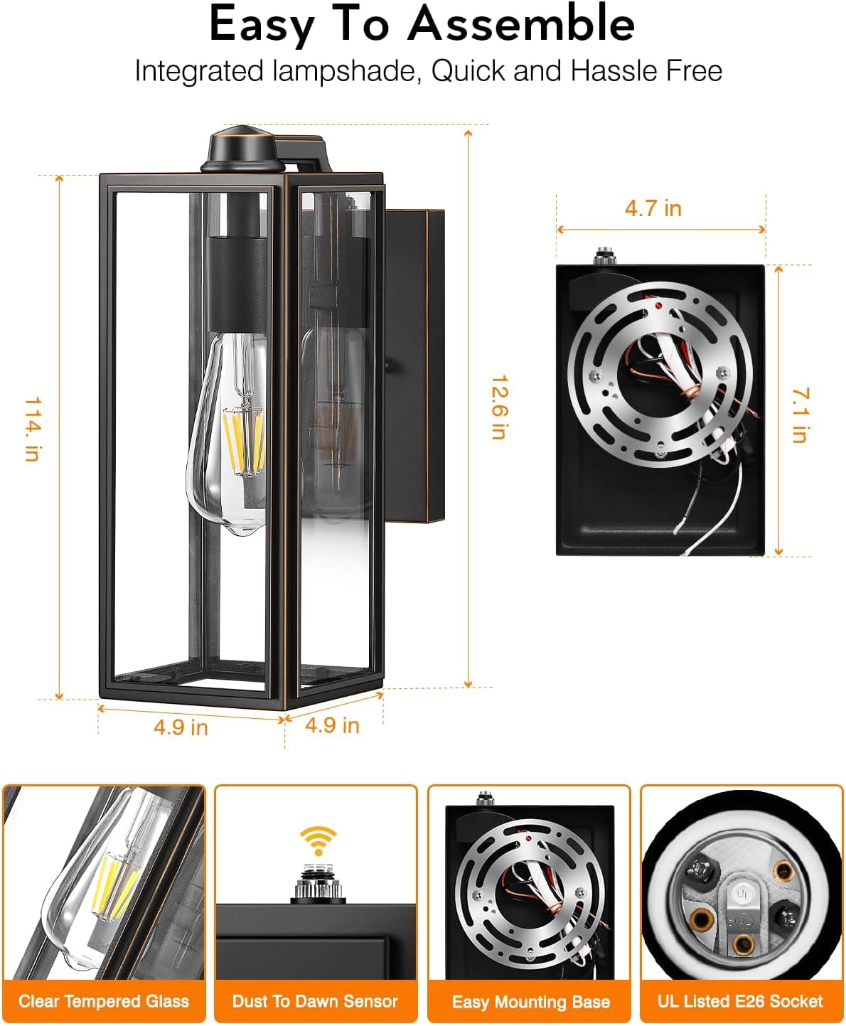 VIANIS Large Outdoor Wall Light Fixtures,Dusk to Dawn Outdoor Wall Lanterns,Anti-Rust Wall Mounted Lighting with Glass Shade, Black Wall Lamp with E26 Socket for Porch, 2 Pack