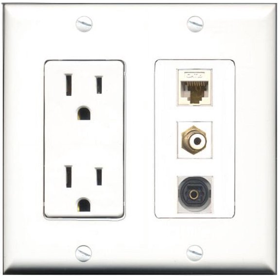 RiteAV - 15 Amp Power Outlet 1 Port RCA White 1 Port Toslink 1 Port Cat6 Ethernet Ethernet White Decorative Wall Plate