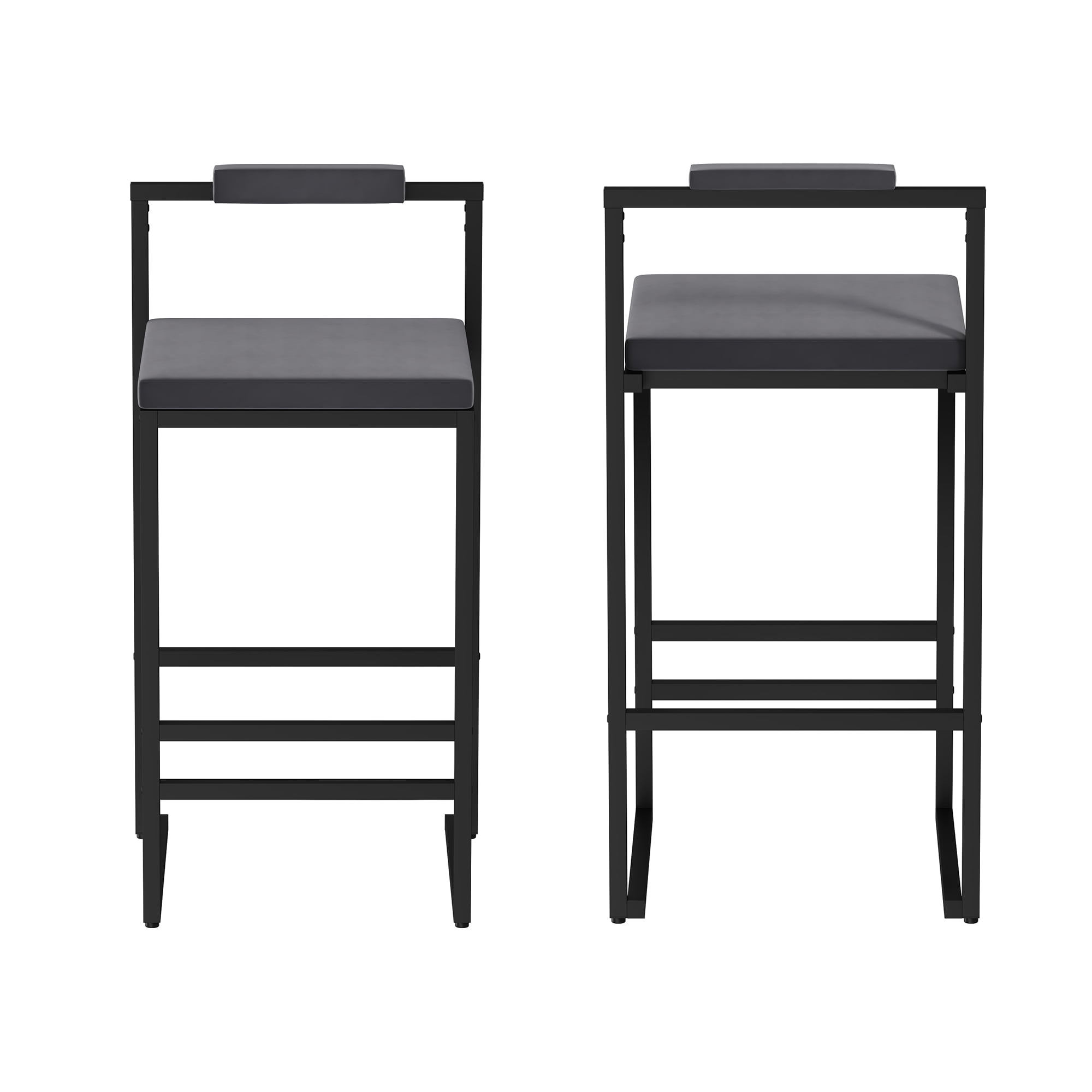 Upholstered Velvet Bar Stools Set of 2 Counter Height with Low Back and Footrest Gray Fabric and Black Metal Frame for Kitchen Island
