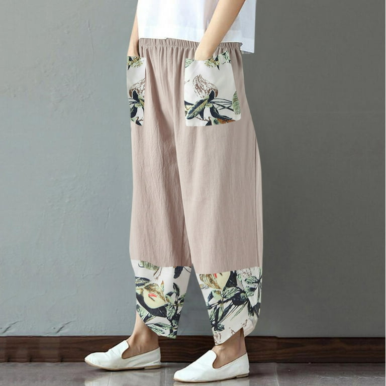 WANYNG women's pants Womens Flower Prinnted Linen Capri Pants Elastic Waist  Summer Cropped Trousers With Pockets Cropped Blue 2XL 