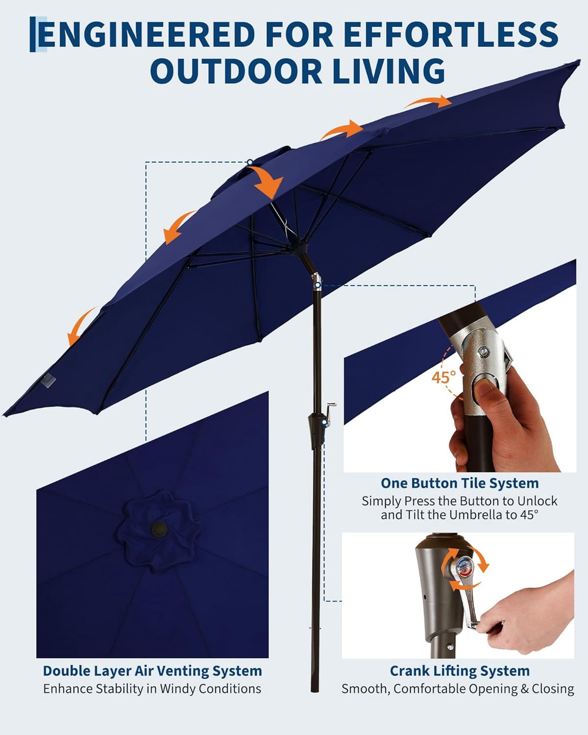 SOLLED 9FT Patio Umbrella with Push Button Tilt & Crank, Outdoor Market Table Umbrella with 8 Ribs for Garden Backyard Deck Pool,Navy Blue