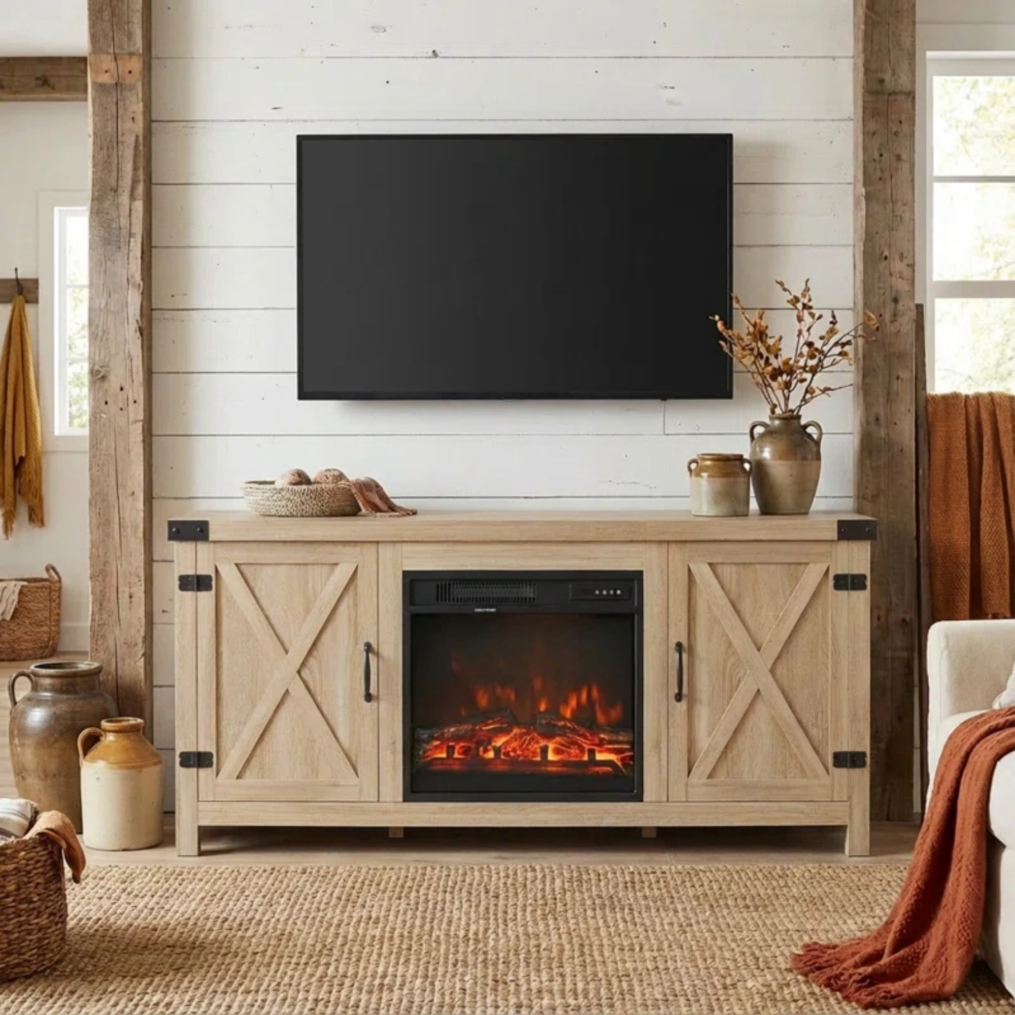 Homall Modern Farmhouse TV Stand Double Barn Door Fireplace TV Stand for TVs up to 65 inch,Oak