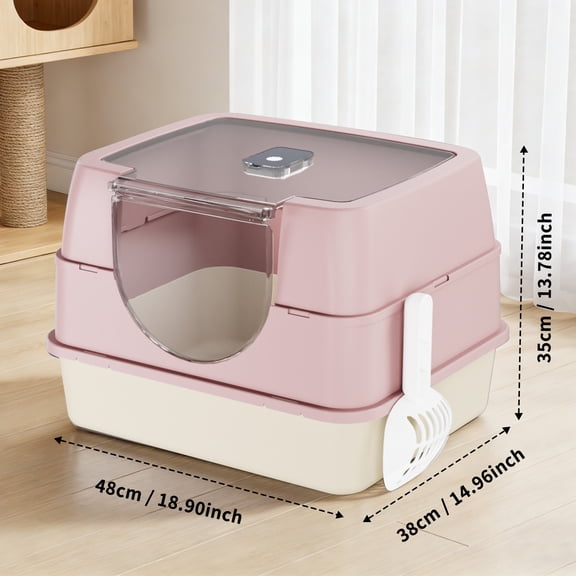 Flip-Top Hooded Cat Litter Box, Stainless Steel Metal Tray with Litter Scoop & Double-Layer Mat, Odor Control Splash-Proof Enclosed Pet Toilet with Plastic Bottom Basin