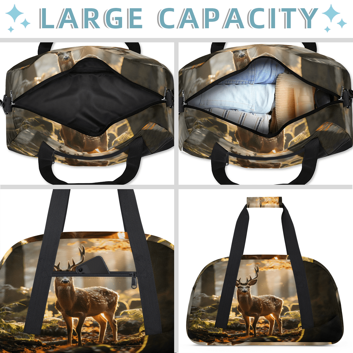 Herdesigns Deer Sports Duffle Bag for Women & Men, Forest Animals Gym Bag Dance Bag Overnight Bag Carry On Weekender Travel Bag