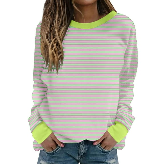 UYISJ Womens Oversized Striped Tops Color Block Sweatshirts Long Sleeve Crewneck Casual Loose Fitting Pullovers Tops Shirts Pink XL