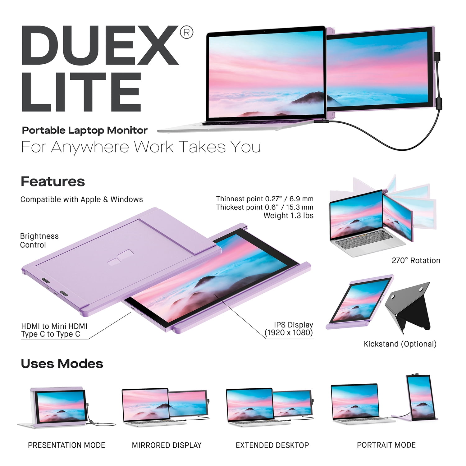 MP 101-1005P08 DUEX Lite 12.5-In. IPS LCD Slide-Out Display for Laptops (Misty Lilac)