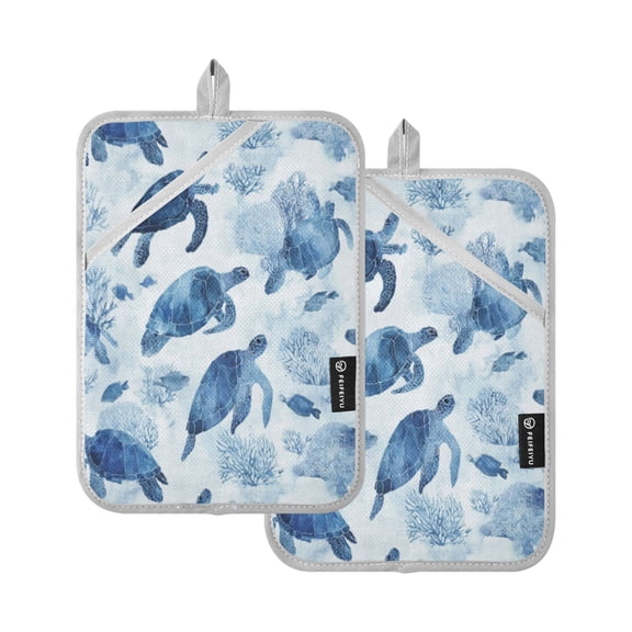 2Pack Heat-Resistant Quilted Cotton Potholders - Stylish Kitchen Grips for Hot Pots & Pans Ovens Sea Turtles and Fish Swimming