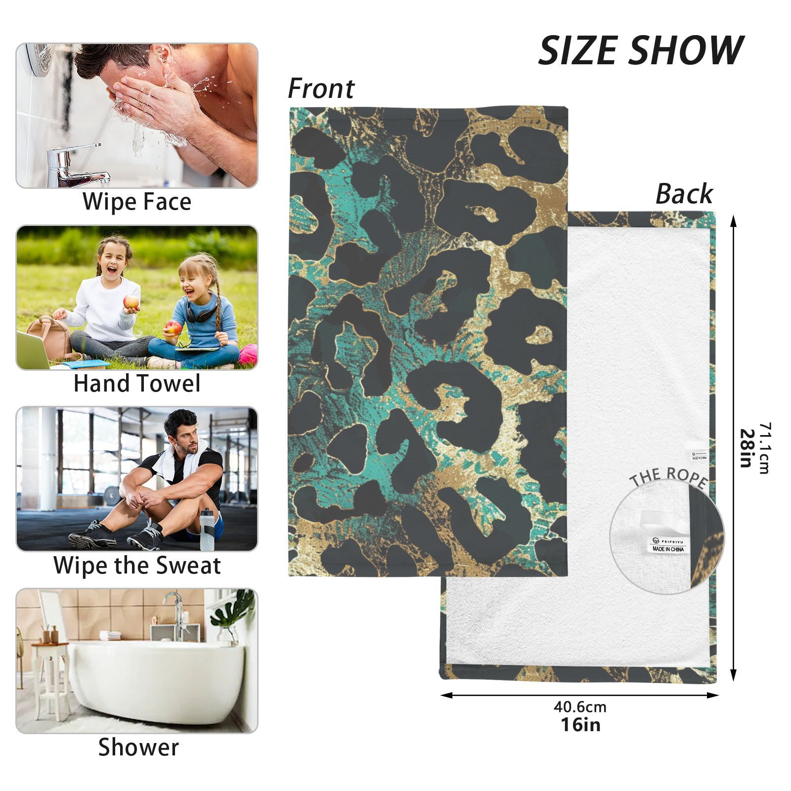 Teal Gold Leopard Hand Towels Cotton Bath Towels Large Face Towels Absorbent for Bathroom 2 Packs