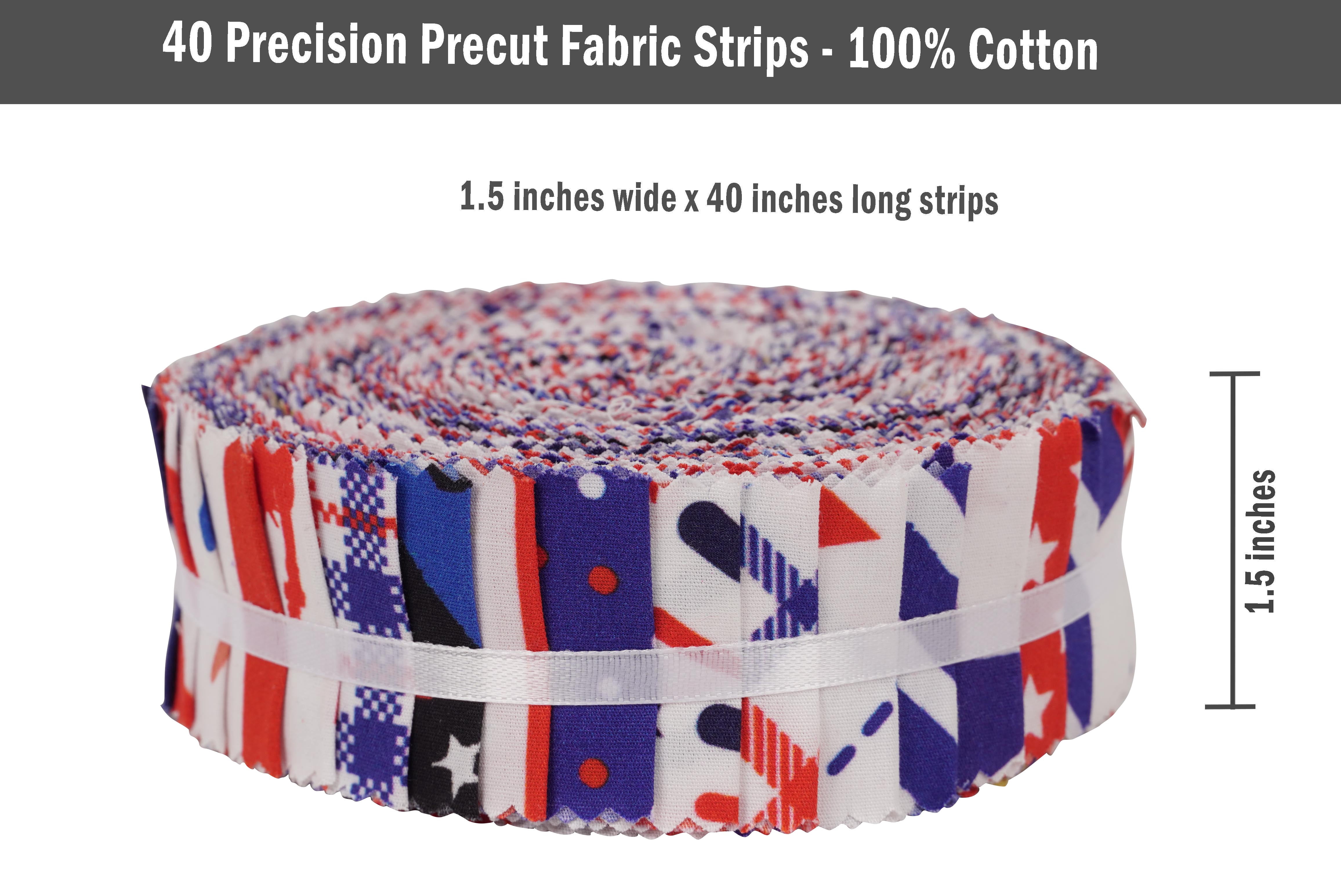 Soimoi 40Pcs American Color Flag Theme Print Precut Fabrics Strips Roll Up 1.5x42inches Cotton Jelly Rolls For Quilting - Red, Blue & White