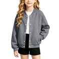 thumbnail image 2 of XRoczxe 4‑15 Years Old Kids Bomber Jacket, Boys Girls Solid Color Button‑Down Sweatshirt Jacket, Long‑Sleeve Casual Outerwear With Pockets, 2 of 7