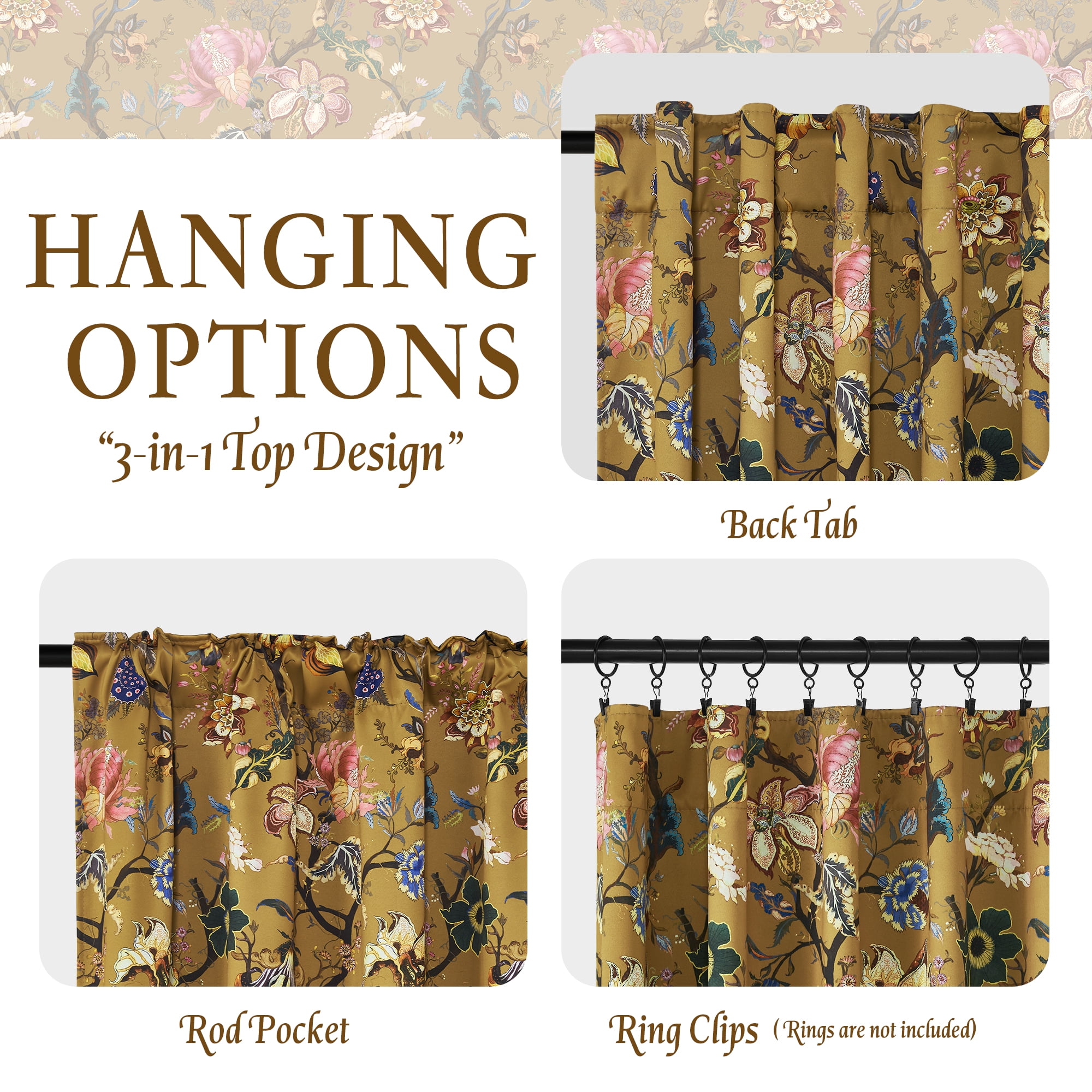 StangH 100% Blackout Floral Curtains Vivid Botanical Cottage Farmhouse Elegant Design Thermal Insulated Privacy for Living Room/Bedroom, W52xL96, 2 Panels