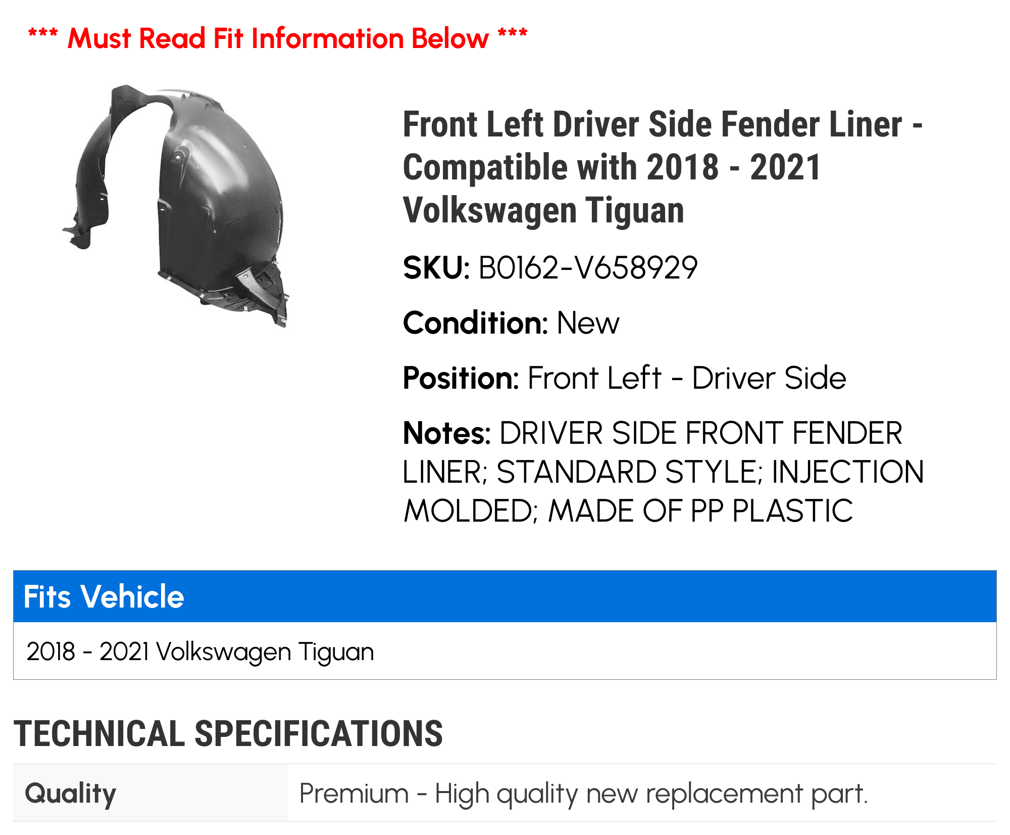 LKQ Front Right Passenger Fender Liner For 2018-2021 Volkswagen Tiguan – 5NA805912AF – With Insulation Foam
