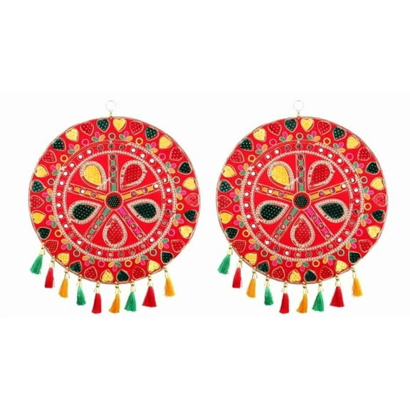 Set of 2 Round Elephant Mat Sequence Work Wall Door Hanging Toran with Tassel for Home Office Wedding Party Festive Rajasthani for Indian Traditional New Year Decoration (Multicolor)(Size-16"X13")