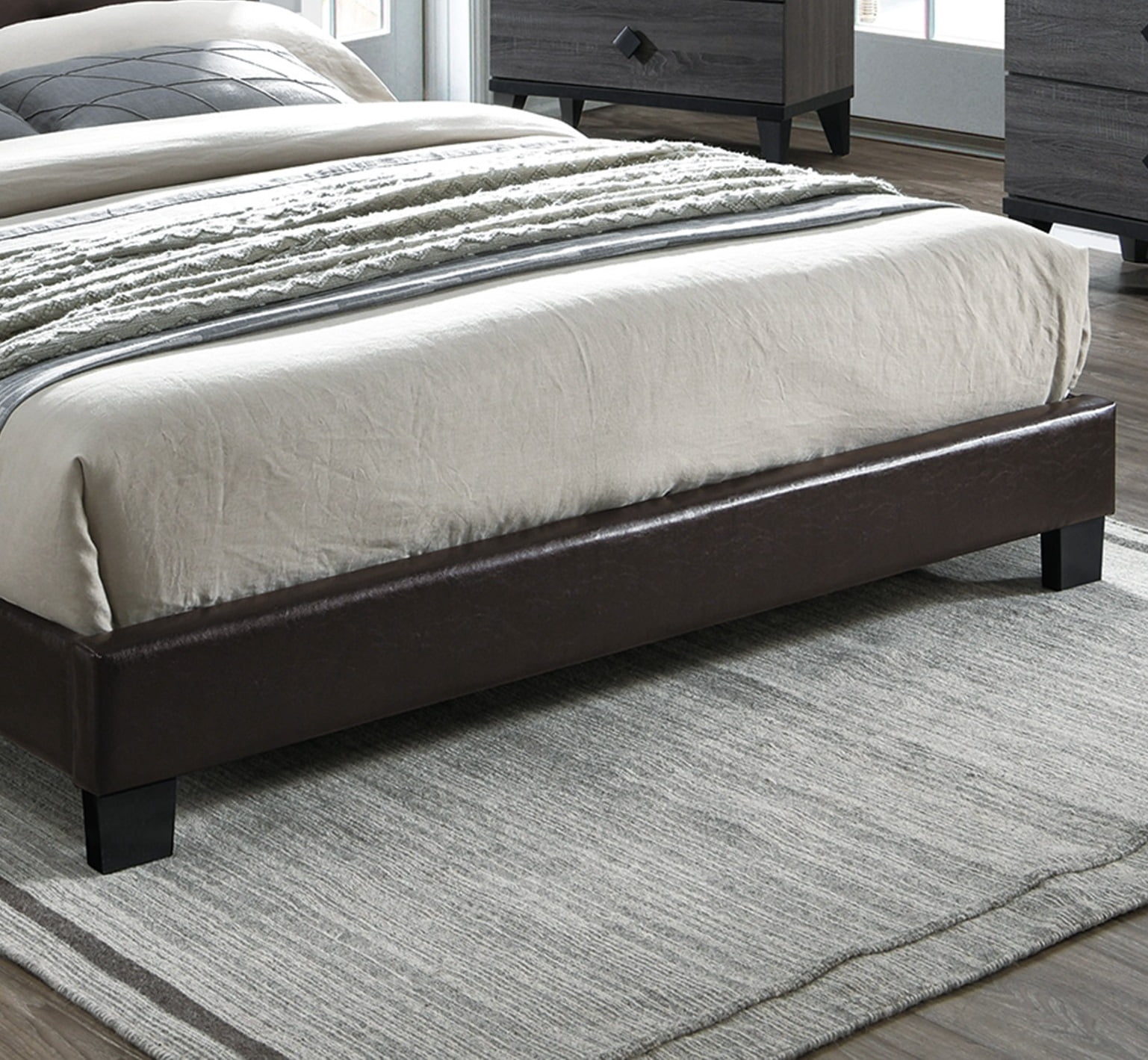 Bed Frame Modern Brown 1pc Queen Size Bed Faux Leather Upholstered Bedframe Bedroom Furniture Adjustable Headboard