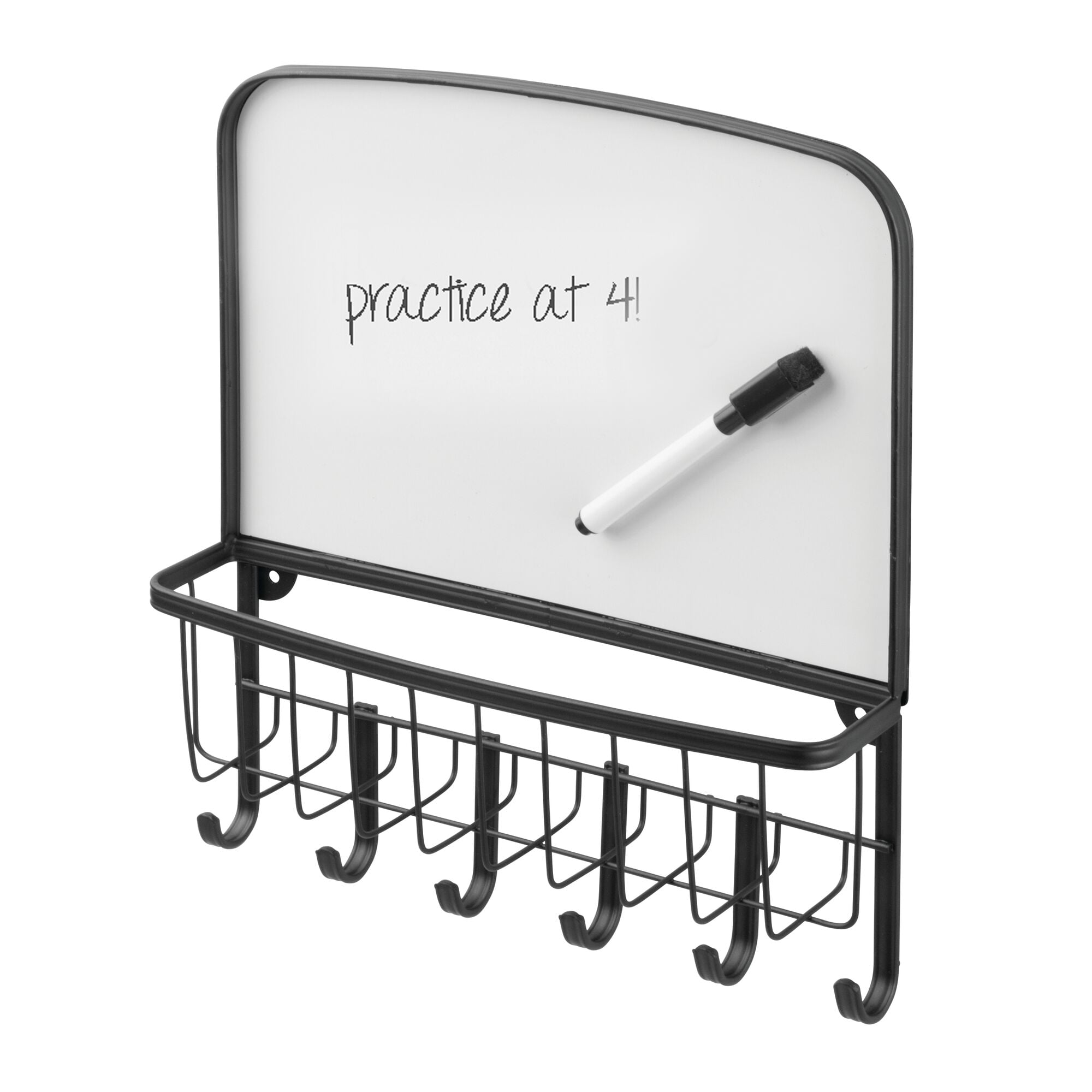 Matte White Keys mDesign Metal Wall Mount Entryway Leashes Coats Office Storage Organizer Mail Basket with Dry Erase Board Strong Steel Wire Design Holds Letters 6 Hooks Magazines