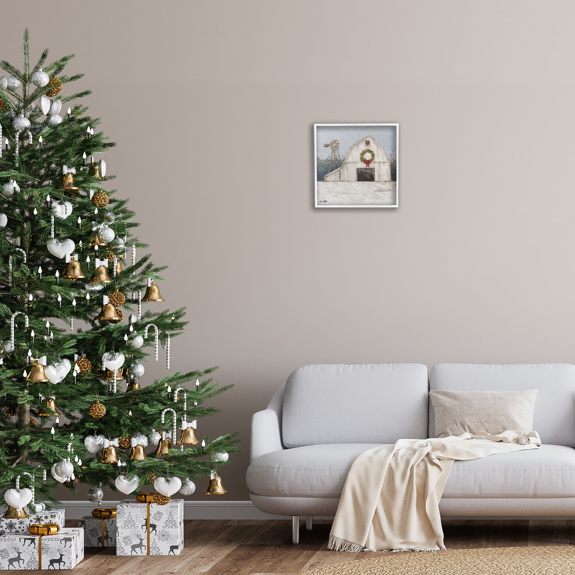 Stupell Industries Winter Barn with Snowflakes Landscape Painting White Framed Art Print Wall Art, 17 x 17