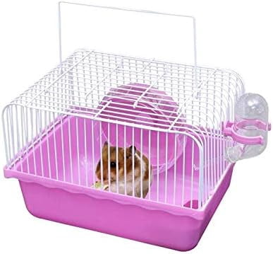 Small Pet Hamster Cage with Running Wheel Water Bottle Food Basin Portable Carrier House Mice Home Habitat for Going Out, Traveling (Pink)