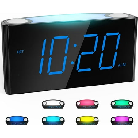 Digital Alarm Clock for Bedrooms - Large 7.5'' LED Display with Dimmer, Snooze, 7 Color Night Light, Easy to Set, USB Chargers, Battery Backup, 12/24 Hour for Kids,Heavy Sleepers(Blue)