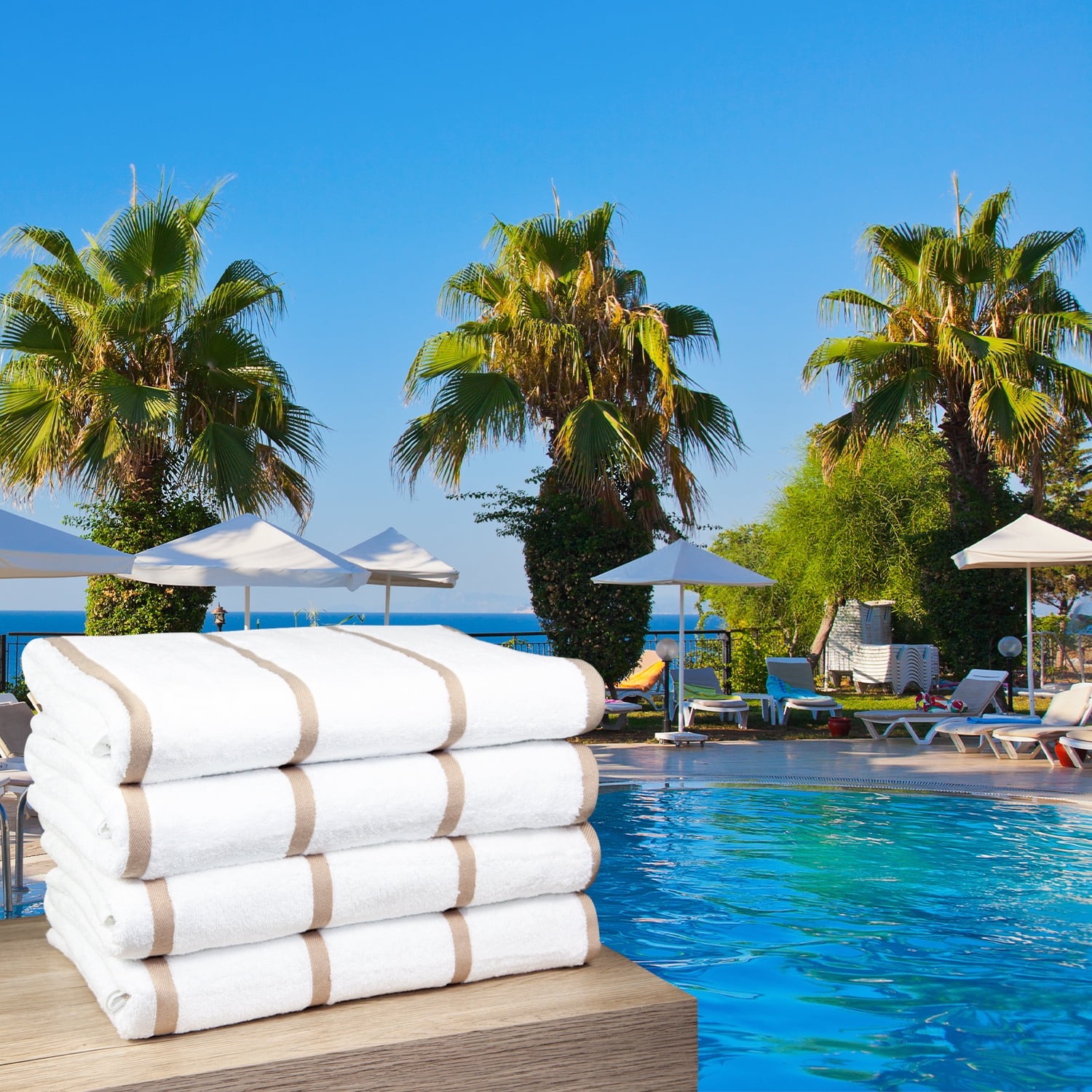 Arkwright Las Rayas Beach Towel (4 Pack), Ring Spun Cotton Pool Towel - 30x60 in., Beige Stripes